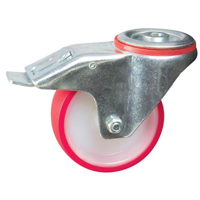 100mm Braked Swivel Bolt Hole Castor Red Poly