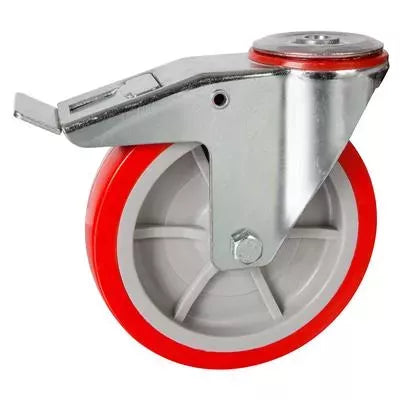 Heavy-duty swivel caster wheel with a red polyurethane tread, grey core, and metal bracket featuring a top plate and brake lever.