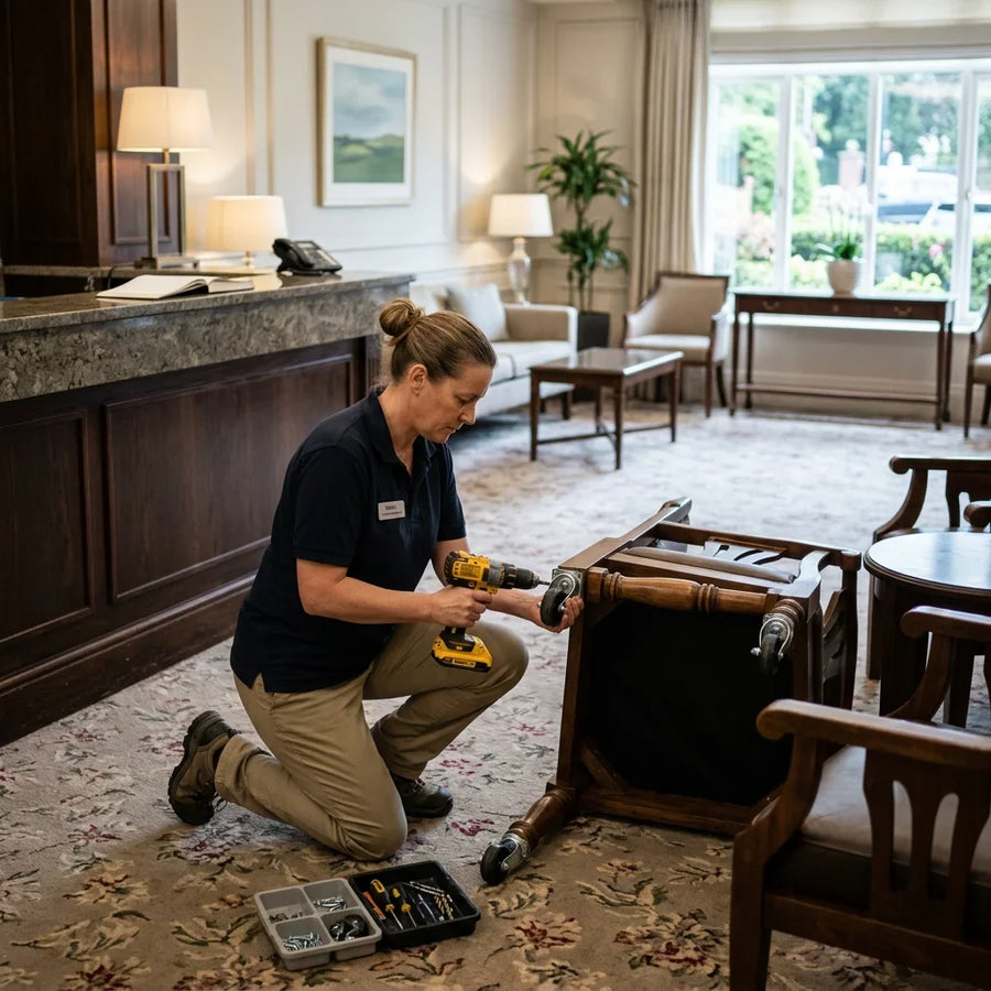 Technician fitting furniture castors to a table in a busy hospitality space