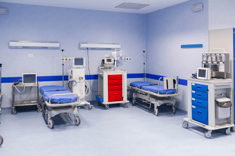 Hospital beds and wheeled equipment to show the challenges that they face with castors in their medical applications.