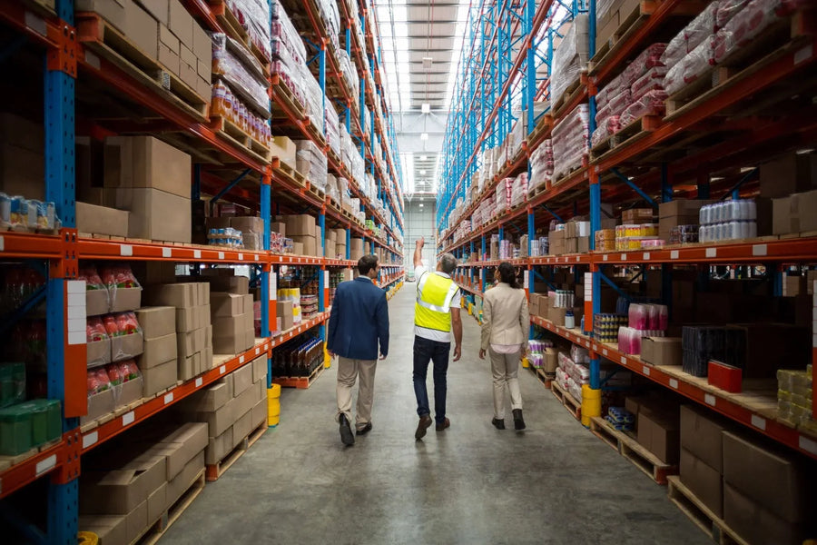 Roll cages and roll cage trolleys used for stock handling in a large warehouse aisle