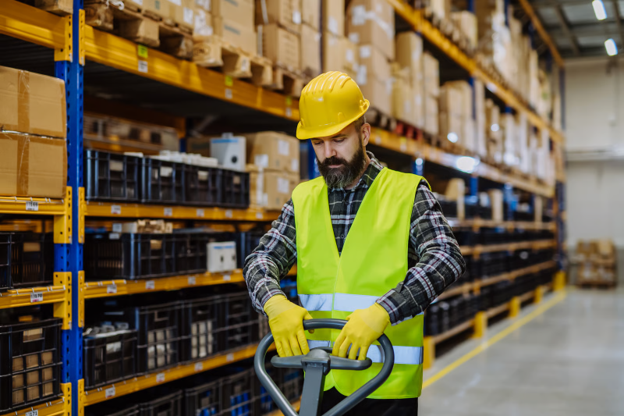 A warehouse worker uses Warehouse Picking Bins to organise inventory and improve picking efficiency in a busy storage facility.