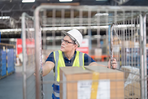 Warehouse operative moving goods with warehouse roll cages to improve material handling and operational efficiency.