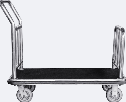A heavy-duty stainless steel platform trolley with four swivel castor wheels and a black non-slip surface, isolated on a white background.