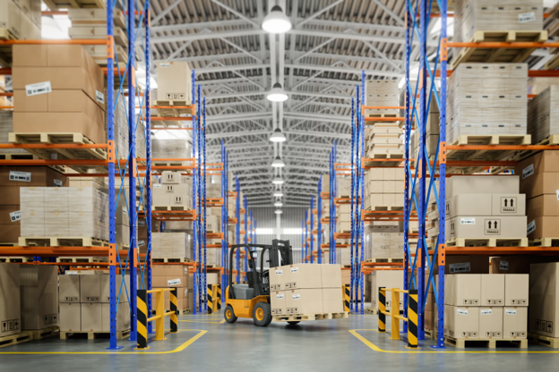 A forklift moves goods through a warehouse fitted with castors for the warehouse and logistics industry to support safe and efficient material handling.