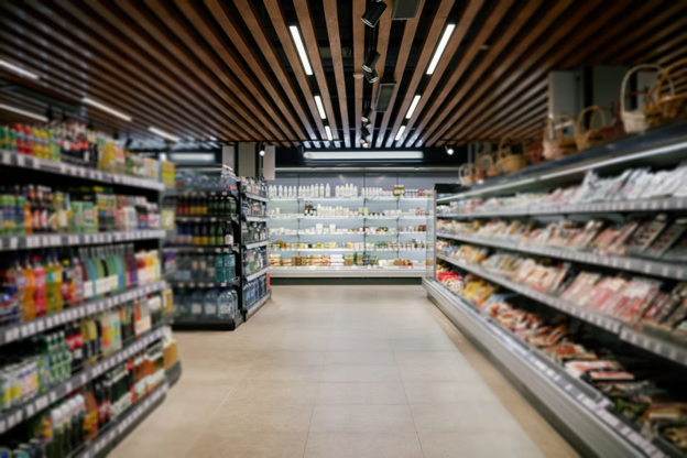 Retail store aisle with organised customer flow areas where queue barriers help manage traffic and improve shopping experiences.