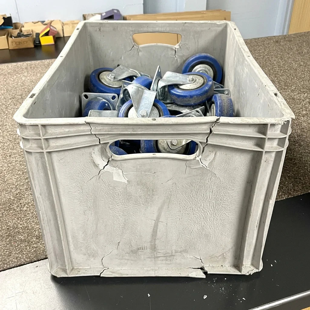 Damaged warehouse picking tote containing castor wheels and warehouse parts