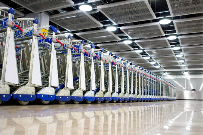 Airport trolleys lined up to show how Rolltek castors and wheels are used in airports internationally via luggage trolley wheels.