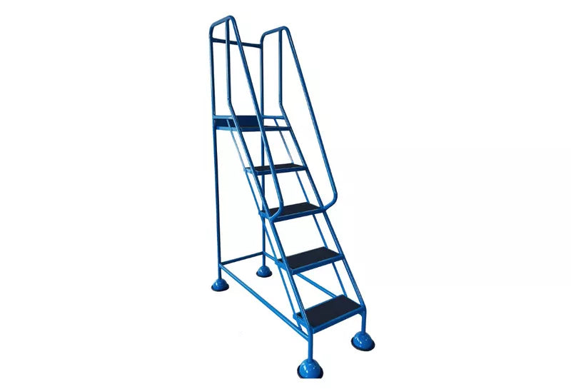 Blue metal mobile safety steps with four steps and handrails on both sides, supported by round, stable bases.