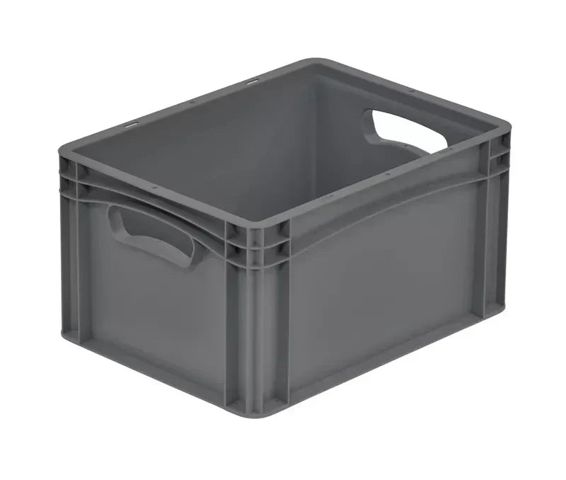 Grey industrial plastic storage container with handles on the short sides and reinforced edges for durability.