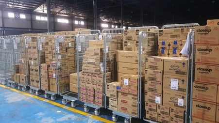 A warehouse of trolleys with industrial castors to show how they can save you money.