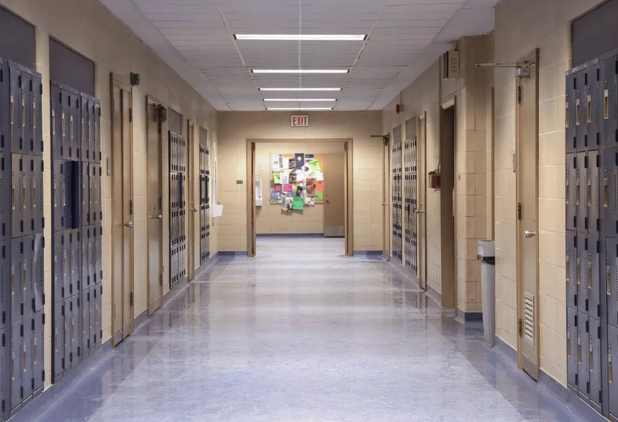 An empty school corridor quiet before the school opens.