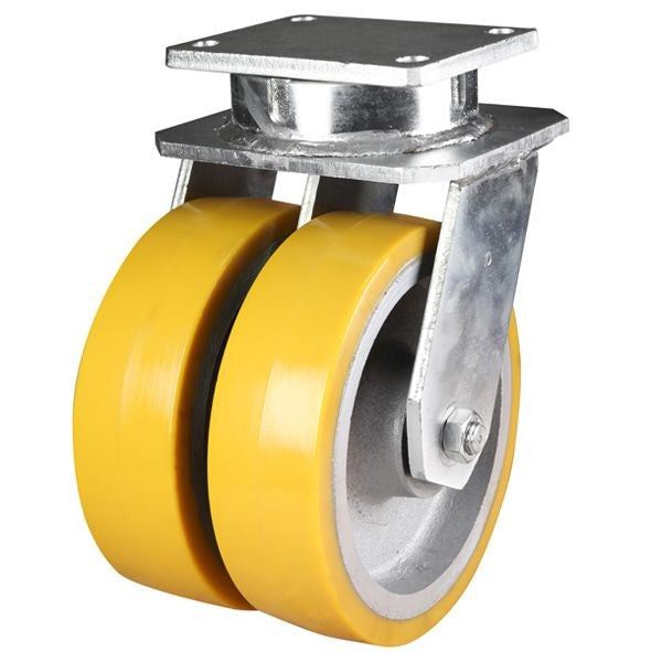 250mm Swivel Plate Castor Twin Polyurethane/Cast Iron Wheels Load Capacity 4500kg