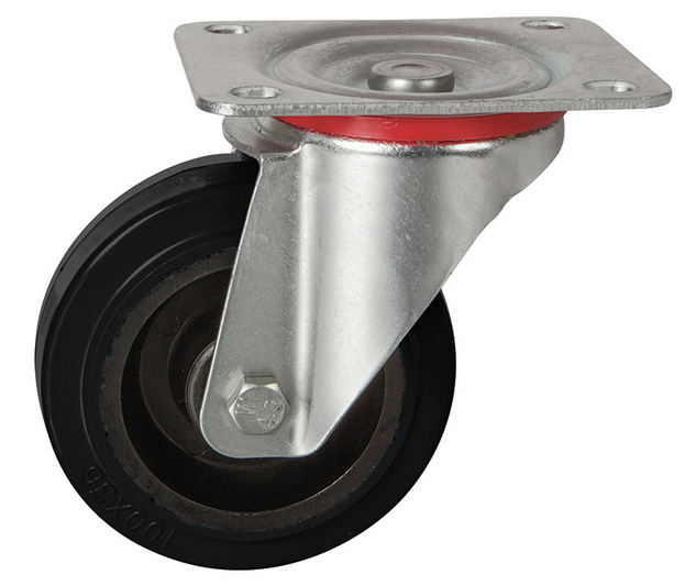 100mm Swivel Plate Castor Black Elastic Rubber Wheel Nylon Centre – Heavy Duty Castor 200kg Load Capacity