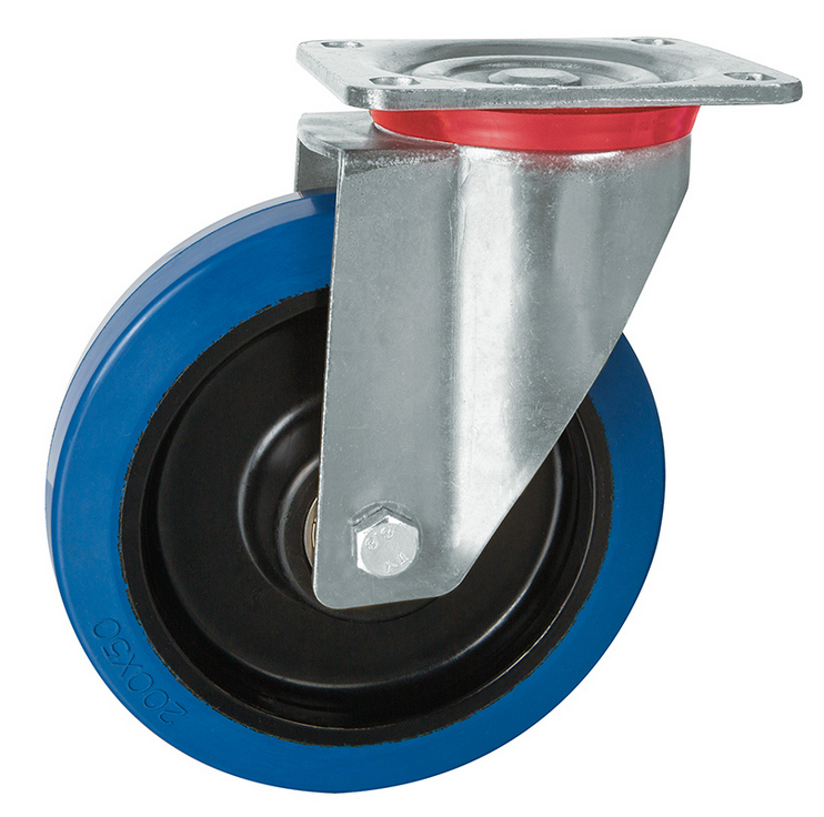 100mm Swivel Plate Castor Blue Elastic Rubber Wheel Nylon Centre – Heavy Duty Castor 200kg Load Capacity