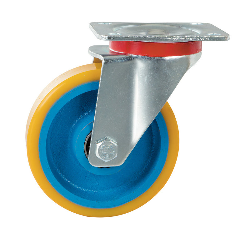 100mm Swivel Plate Castor Wheel – Polyurethane Tyre, Cast Iron Centre, 250kg Load Capacity