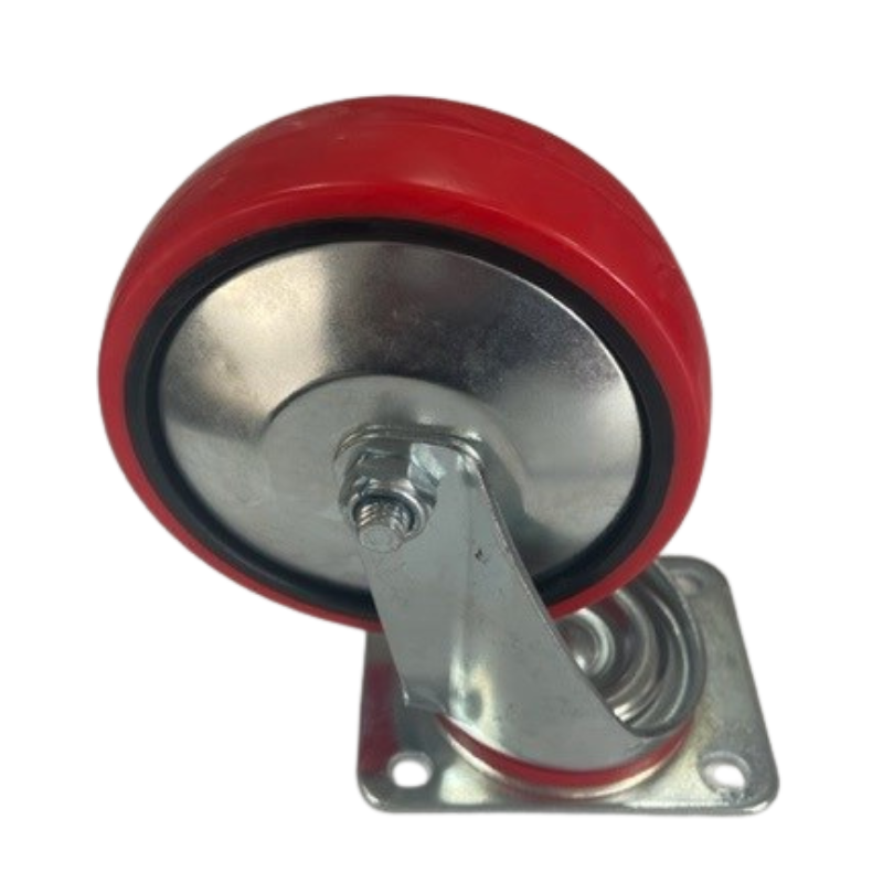 125mm Swivel Plate Castor Red Polyurethane Tyre Black Nylon