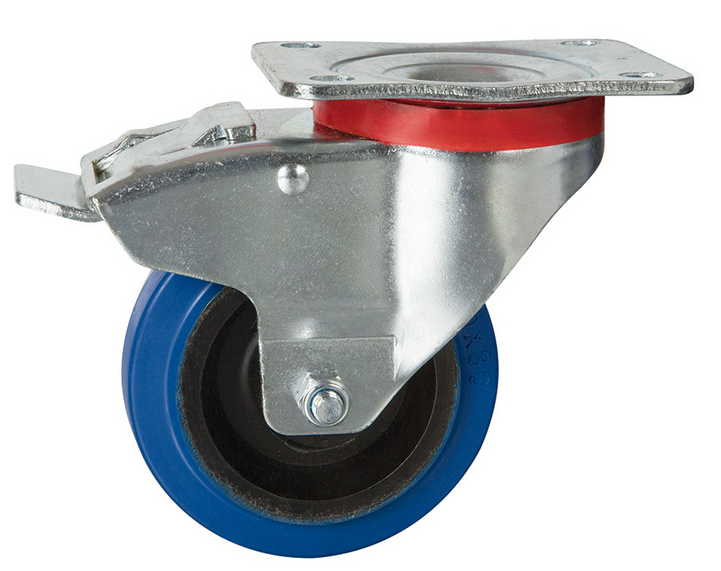 125mm Braked Swivel Plate Castor – Blue Elastic Rubber Wheel 200kg Capacity