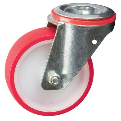 100mm Swivel Bolt Hole Castor Red Polyurethane