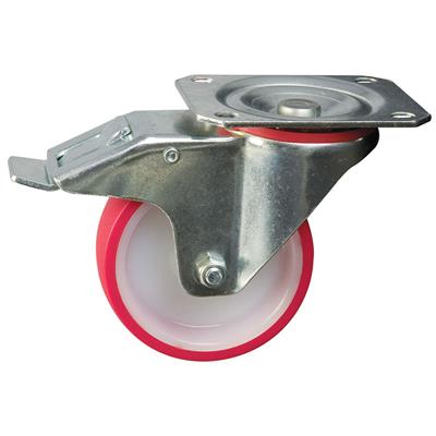 100mm Braked Swivel Plate Castor Red Polyurethane
