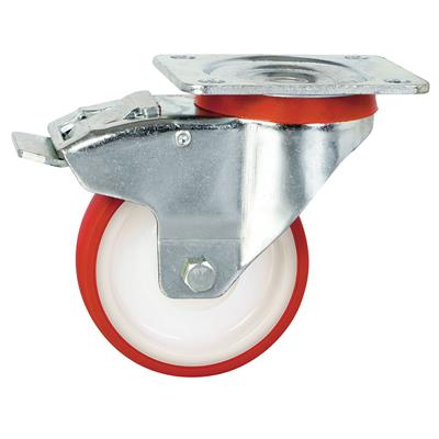 125mm Braked Swivel Plate Castor Red Polyurethane