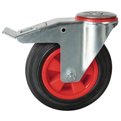 160mm Braked Swivel Bolt Hole Castor Black Rubber