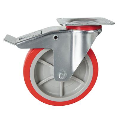 150mm Braked Swivel Plate Castor Red Polyurethane