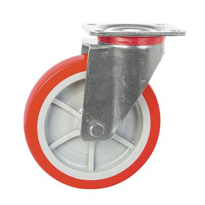 150mm Swivel Plate Castor, Red Polyurethane Wheel with Grey Nylon Centre and Roller Bearing, 350kg Load Capacity