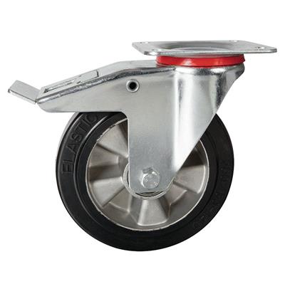 200mm Braked Swivel Plate Castor Black Elastic